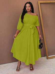 Maweii Vestido largo asimétrico tipo línea "A" con cinturón y cuello asimétrico para mujer de talla grande - Verde Oliva - Ver 6