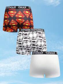 SUPERMAN X SHEIN 3pcs Men's Black & White Comfortable Logo Print Contrast Tape Waist Boxer Trunk,Basic Casual Boxer Brief - Black and White - View 2