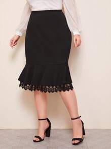 SHEIN Privé Plus Embroidery Mesh Trim Mermaid Skirt - Black - View 4