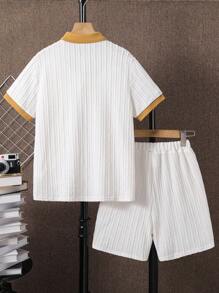 2pcs/Set Tween Boys' Casual Vacation Sporty Textured Fabric Polo Shirt And Elastic Waist Shorts, White Animal Pattern, Spring/Summer Wear