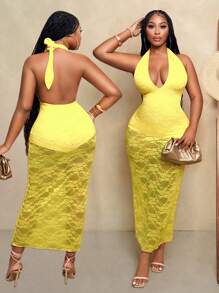 BamGleam Women's Solid Color Minimalist Halter Jumpsuit - Yellow - View 1