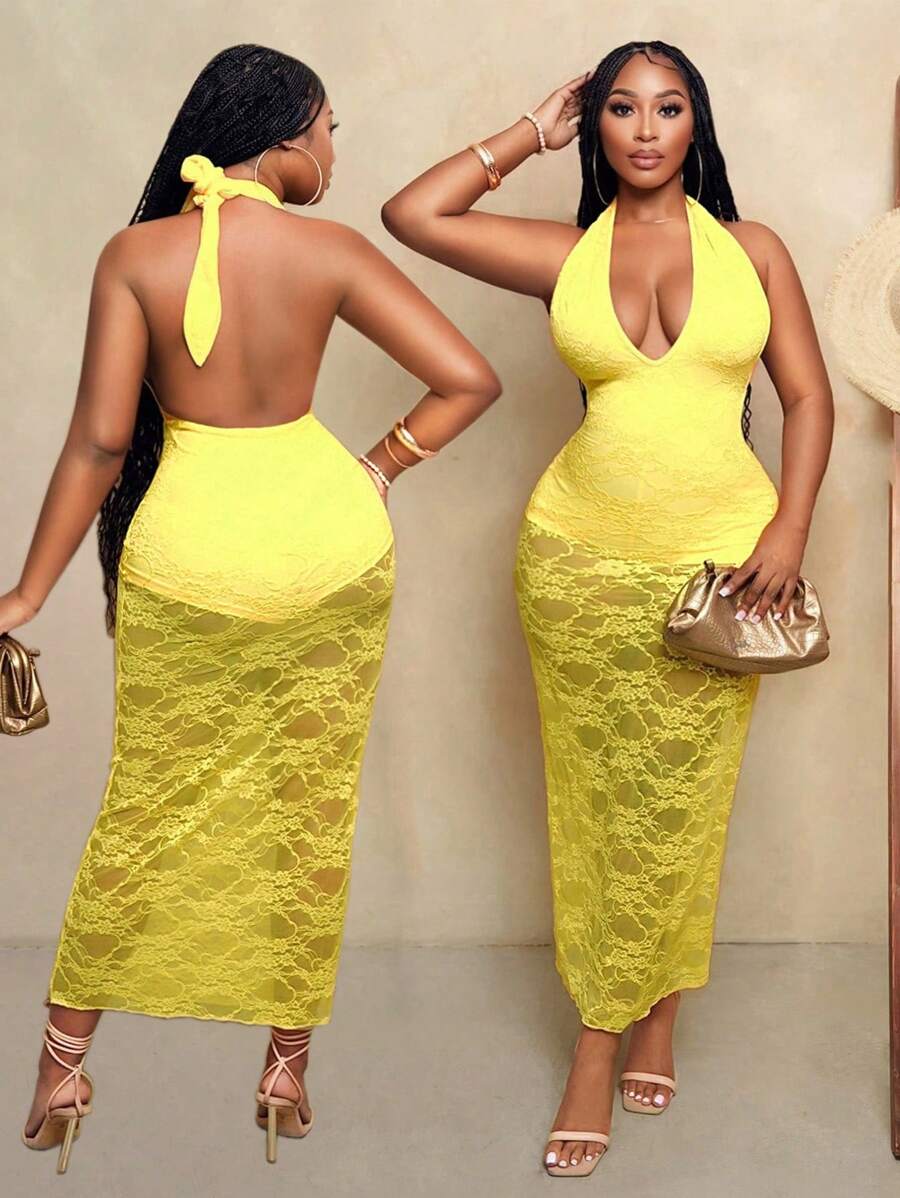 BamGleam Women's Solid Color Minimalist Halter Jumpsuit - Yellow - View 1