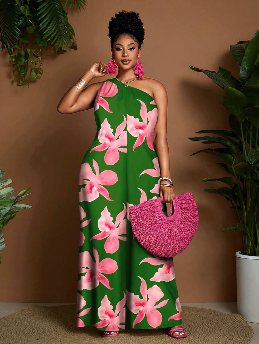 Maweii 加大码女式紫红色秋海棠和绿色数码印花连体裤，时尚性感淑女假日风格，适合日常时尚装扮 - 彩色 - 查看 1