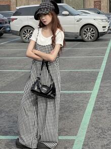 DAZY 青少年女孩格纹宽腿宽松休闲连体裤，女孩夏季服装，返校服装 - 黑與白 - 查看 5