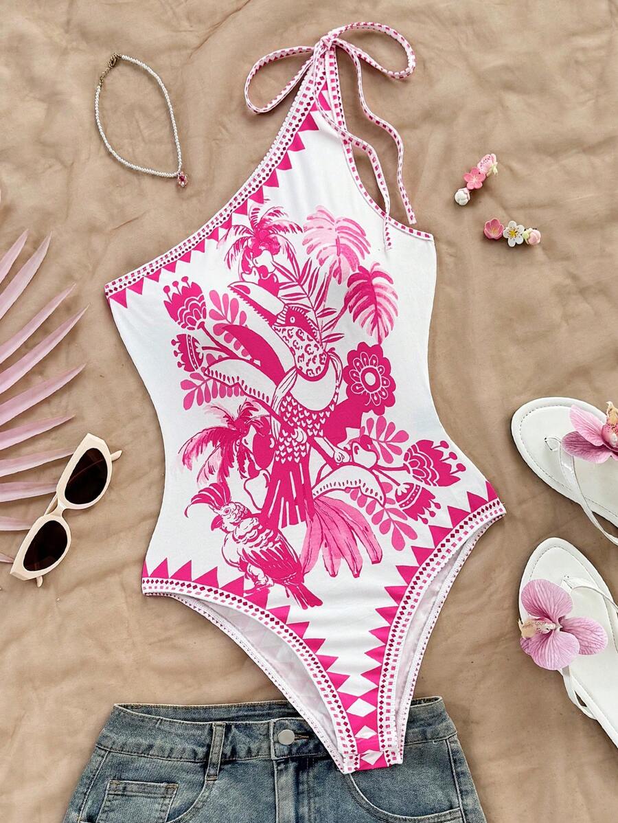 Soleia New V-Neck Bowknot Tie Shoulder Straps Printed Bodysuit For Women, Perfect For Vacation