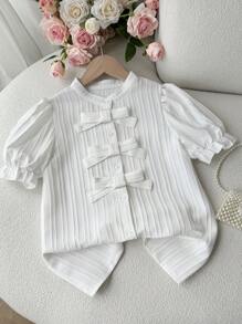 Girls' Elegant City Commuter Academic Lady Formal Party Daily 3D Bow Collar Puff Sleeve 3D Polka Dot Short Sleeve Blouse - White - View 4