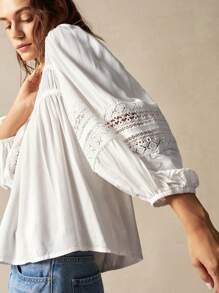 Bohemela 大码女式春夏V领灯笼袖蕾丝拼接宽松休闲假日衬衫 - 白色 - 查看 4