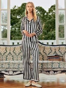 SHEIN EverLounge Conjunto de pijama de pantalón y blusa de manga larga a rayas de una hilera de botones para mujer, para vacaciones