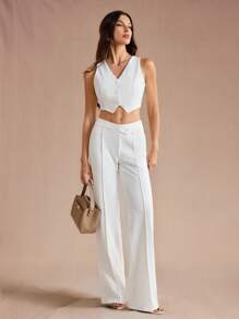 SHEIN Tall Pantalones casuales de cintura alta y pierna ancha unicolor