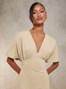 COSMINA Women's Solid Color V-Neck Short Sleeve Waist Fitted Long Dress, Summer,Business Casual Woman