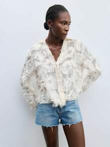 MAIJA Casual Linen Blend Striped Oversized Drop Shoulder Blouse - White - View 6