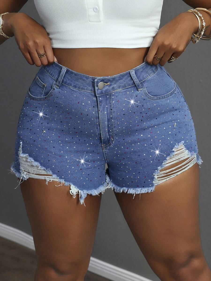 Slaydiva Plusstorlek damshorts med slitna fickor och strass, revor i nederkant, casual - Mediumtvätt - Visa 1