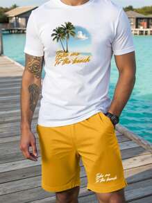 Manfinity RSRT 男士植物与字母印花 T 恤和口袋短裤套装 - 彩色 - 查看 1