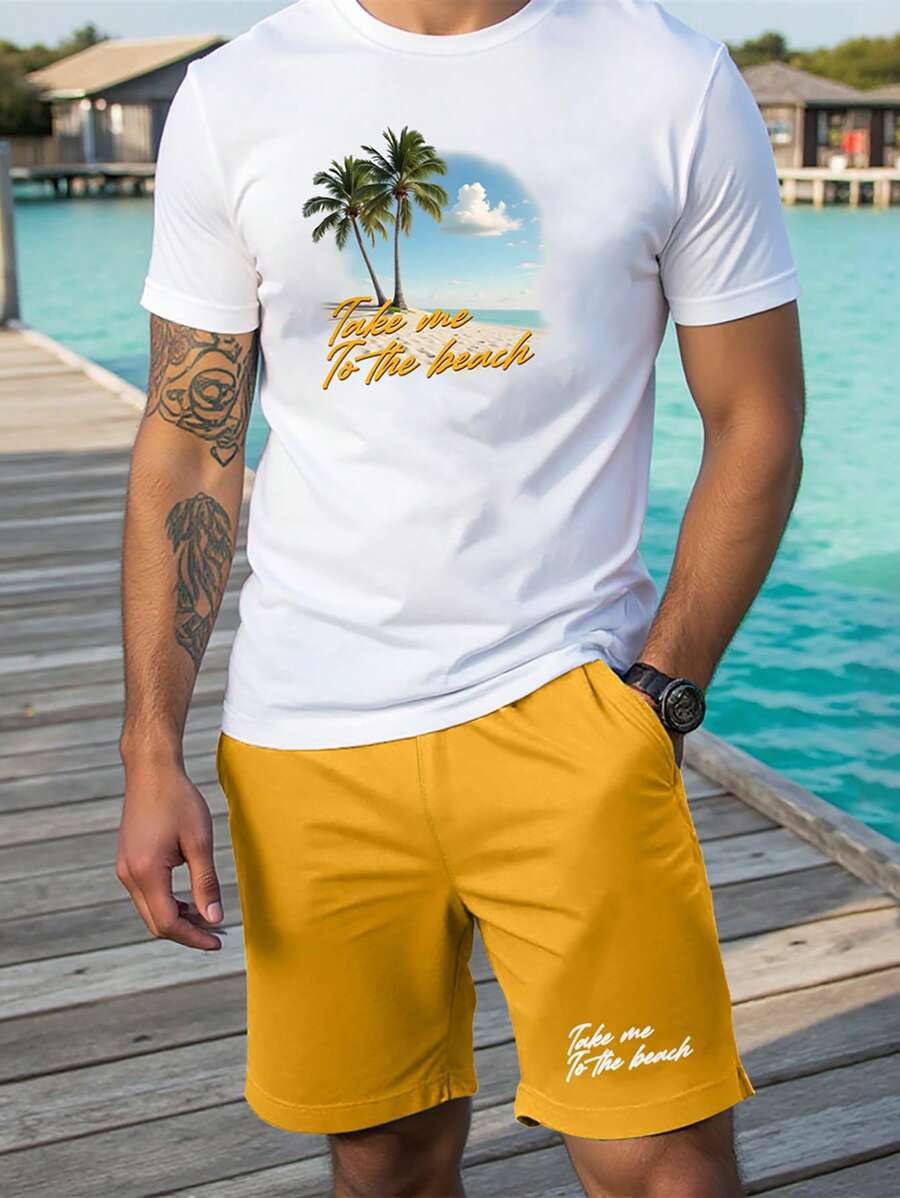 Manfinity RSRT 男士植物与字母印花 T 恤和口袋短裤套装 - 彩色 - 查看 1