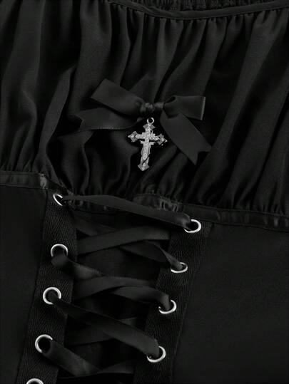Goth Dark Gothic Style Vintage Bow Tie Front Lace-Up Design Waist Cinched Women Blouse