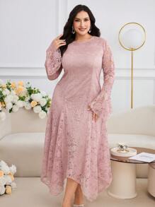Modelyn Plus Size Solid Color Long Sleeve Dress, Fashionable For Summer - Pink - View 5