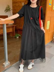 DAZY Abito midi casual a maniche corte con arricciature, girocollo, senza stampe, estivo, da donna