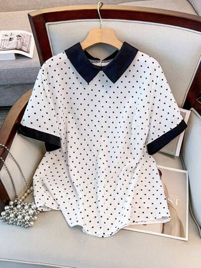 GlowEve CURVE Plus Size Contrast Color Polka Dot Print Turndown Collar Short Sleeve Shirt