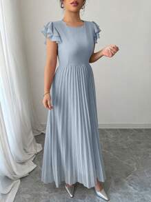 Modelyn 女式喇叭泡泡袖褶皱连衣裙 - 灰藍色 - 查看 4