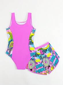 Teen Girls One-Piece Swimsuit, Purple Graffiti Letter Print Side Splice Two Pieces Sports Tankini Set, Fashionable Casual Elegant Suitable For Swimming, Vacation, Summer (Print Random) Young Girls Sets One Piece Swim Suit For Girls Swimming Suits For Teens Girls Swimming Suits For Girls Bathing Suit For Tweens - Purple - View 2