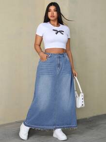 SHEIN ICON Váy denim dài thêm viền thô thường ngày cỡ lớn cho nữ - Rửa nhẹ - Xem 3