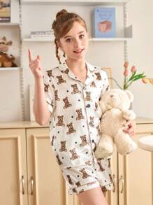 SHEIN Cute Bear Print Faux Silk Short Sleeve Shorts Girls Pajama Set - White - View 3