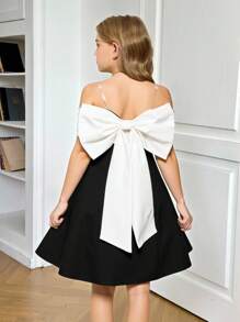 SHEIN Serisse Kids Tween Girls Solid Contrast Off Shoulder Strap Bow Decor Elegant Commute Dress, Fashionable French Style Graceful Dress, Back To School, Suitable For Prom, Birthday Party
