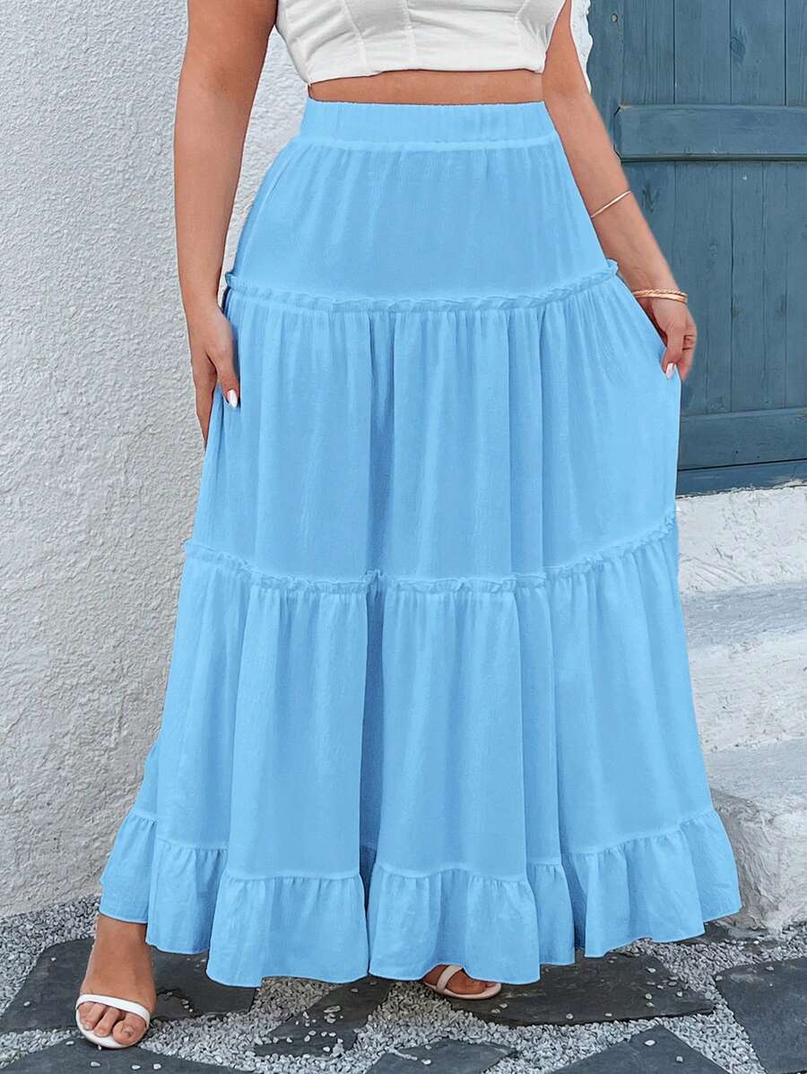 Breezaya 大码女式优雅度假荷叶边下摆纯色 A 字裙 - 藍色 - 查看 1