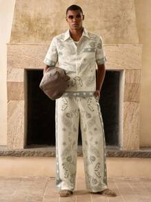 Anewsta Men's Casual Retro Cashew Flower Print Wide Leg Pants