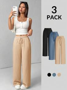 SHEIN PETITE 女款三件套纹理阔腿裤 黑色+白色+绿色 - 彩色 - 查看 8