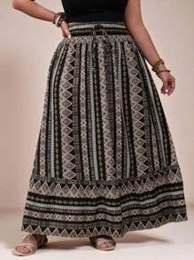 SHEIN VCAY Plus Size Women Bohemian Style Geometric Printed Skirt