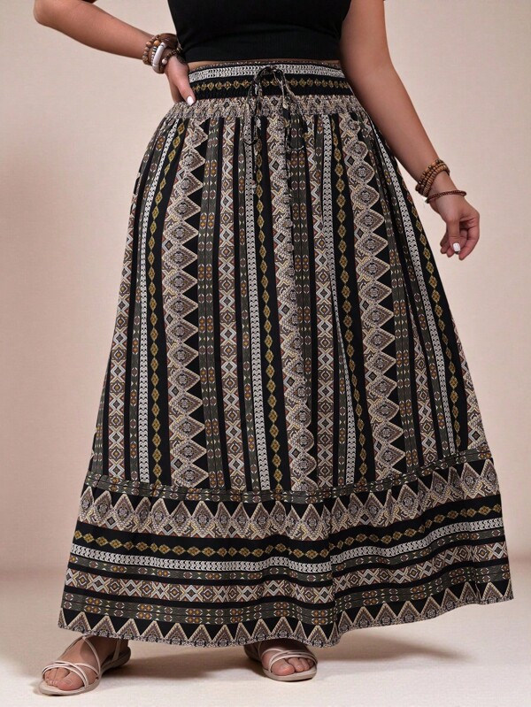 SHEIN VCAY Plus Size Women Bohemian Style Geometric Printed Skirt