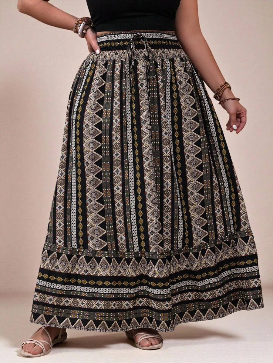 SHEIN VCAY Plus Size Women Bohemian Style Geometric Printed Skirt