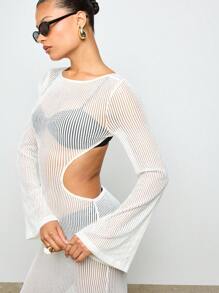 AiiRZ Crochet Maxi Dress Beachwear Cover Up Bell Sleeve Open Back Summer Pool Resort Luxury Coverup White - Apricot - View 4