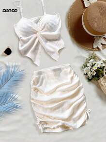 Bộ đồ 2 món cho bé gái tuổi teen, thích hợp cho kỳ nghỉ, mùa hè và du lịch: Áo croptop dệt kim màu trắng và chân váy mini dệt kim màu be, kiểu dáng giản dị, dễ thương, thanh lịch và thời trang, phù hợp đi học, mùa xuân/hè. Bộ quần áo mùa hè cho bé gái. - Nhiều màu - Xem 3