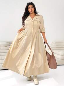 SHEIN EZwear Plus Size Women's Turndown Collar Front Button Decor Long Sleeve Fitted Jacket Long Shirts For Women Long Blouses Beige Dress Long Coat Dress And Coat Winter Fall Autumn