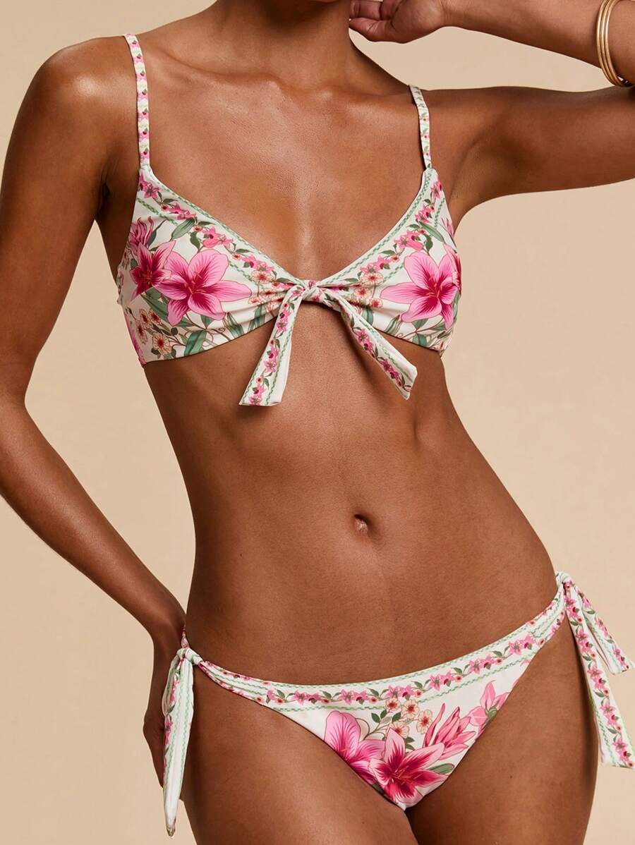 Travachic 女士夏季海滩花卉印花前结性感比基尼套装 - 彩色 - 查看 1