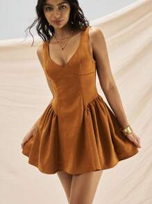 Easelle Vestido feminino marrom com decote profundo e corte slim, cintura alta, para acampamento e atividades ao ar livre - Castanho - Ver 4