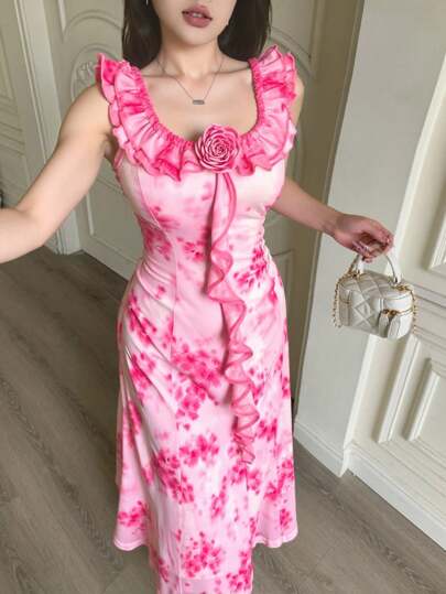 Modelyn Women's Tie Dye Floral Print Sleeveless Dress With 3D Floral Decor,Women's Fashionable Sexy Pure Summer Mid-Length Dress, Pink Is Mesh Printing Fashionable Slim Fabric Soft And Stretchy, Strong Tolerance, Women's Suspender Dress,Women's Fashion Sexy Wedding Party Dance Pure Desire Dress, Waist Slimming Fabric Comfortable Soft And Stretchy, Back To Work Back To School Summer Dress For Women, Pink Printed Women's Dress