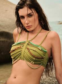 Elaire Atasan Baju Renang Wanita Model Halter Neck dengan Hiasan Manik-Manik untuk Liburan Pantai Musim Panas - Mustard Yellow - View 1