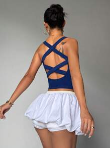 Easithlete 女士纯色交叉带运动T恤和背心 - 藏蓝色 - 查看 1