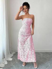Chiquease 女士优雅蕾丝网纱抹胸连衣裙 - 粉色 - 查看 4
