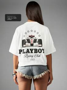 Missguided x Playboy 赛车俱乐部图案 T 恤超大街头经典赛车运动赛车迷 T 恤复古风格运动夏季休闲男女通用上衣赛车 - 白色 - 查看 7