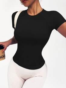 Easithlete Women Solid Color Casual Round Neck Short Sleeve Activewear T-Shirt Compression Shirt Fitted Shirt - Black - View 5