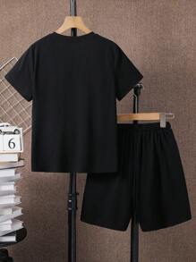 青少年男孩休闲拼色圆领短袖 T 恤和短裤套装，适合上学、日常生活、运动、春夏季
