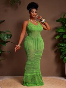 Veslaya Plus Size Green Sheer Sexy Halter Mini Sweater Dress Green Maxi Dress Crochet Maxi Dress Mesh Maxi Dress Green Crochet Dress Crochet Dress - Green - View 7