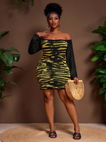 Slaydiva Plus Size Fashionable Leopard & Tiger Print Knit Bodycon Mini Dress, Sexy One Shoulder, Bodycon Style, Street & Vacation Chic - Multicolor - View 5