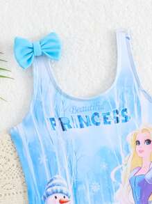 1pc Girl Cartoon Print Cute Bow Decor One-Piece Swimsuit Princess Swimsuit Girls Character Swimsuit Frozen Swimsuit Girls Princess Swimsuit Summer Holiday - Multicolor - View 3