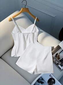 Franclia Set de 2 piezas top de tirantes blanco con botones y shorts - Blanco - Ver 2