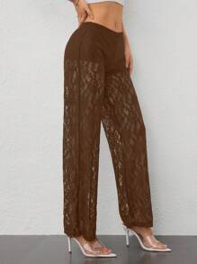 SHEIN PETITE 女式纯色蕾丝透视长裤 - 棕色 - 查看 8